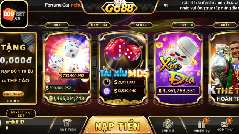 Các thể loại giải trí tại go88 game bài đổi thưởng