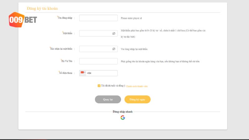 Những bước đăng ký chi tiết nhà cái 009Bet